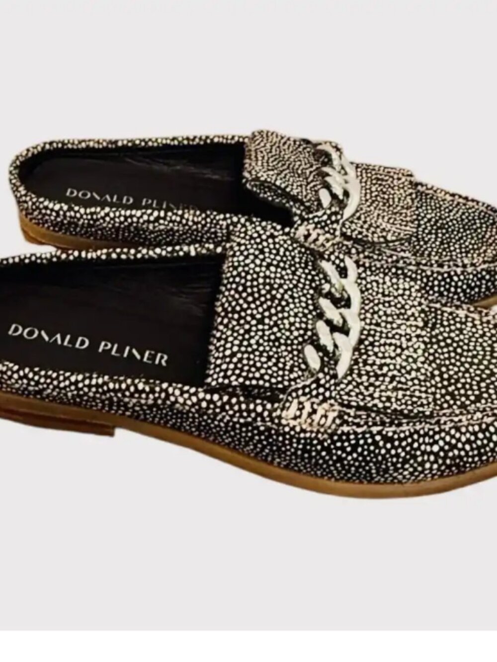 Donald J. Pliner Mika Black White Dotted Chain Accent Mule‎ Loafer Slides